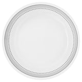 Corelle Mystic Grey dinnerware set featuring white plates with modern grey graphic design on ceramic dishes.