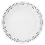 Corelle Mystic Grey dishware set featuring white plates with stylish grey graphic patterns on ceramic dinnerware.
