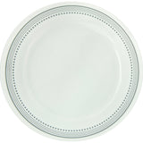 Corelle Mystic Grey dinnerware set with white plates featuring grey graphic patterns, modern ceramic dishware for everyday use
