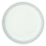Corelle Mystic Grey dinnerware set featuring white plates with modern grey graphic design, stylish and durable ceramic dishes.