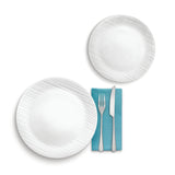Corelle Linen Weave white dinnerware set with plates and bowls, durable porcelain dishes for everyday use.