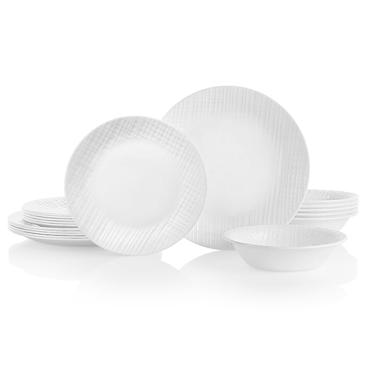 White Corelle LINEN WEAVE dinnerware set, including plates and bowls, with a textured linen-inspired design on ceramic.