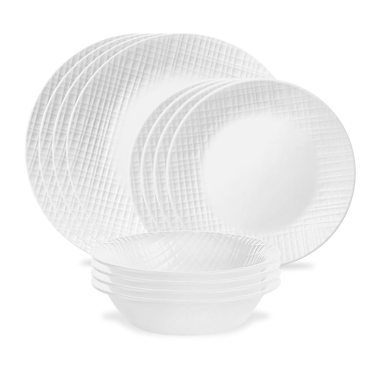 Corelle Linen Weave white dinnerware set featuring plates and bowls with a textured linen-inspired pattern.