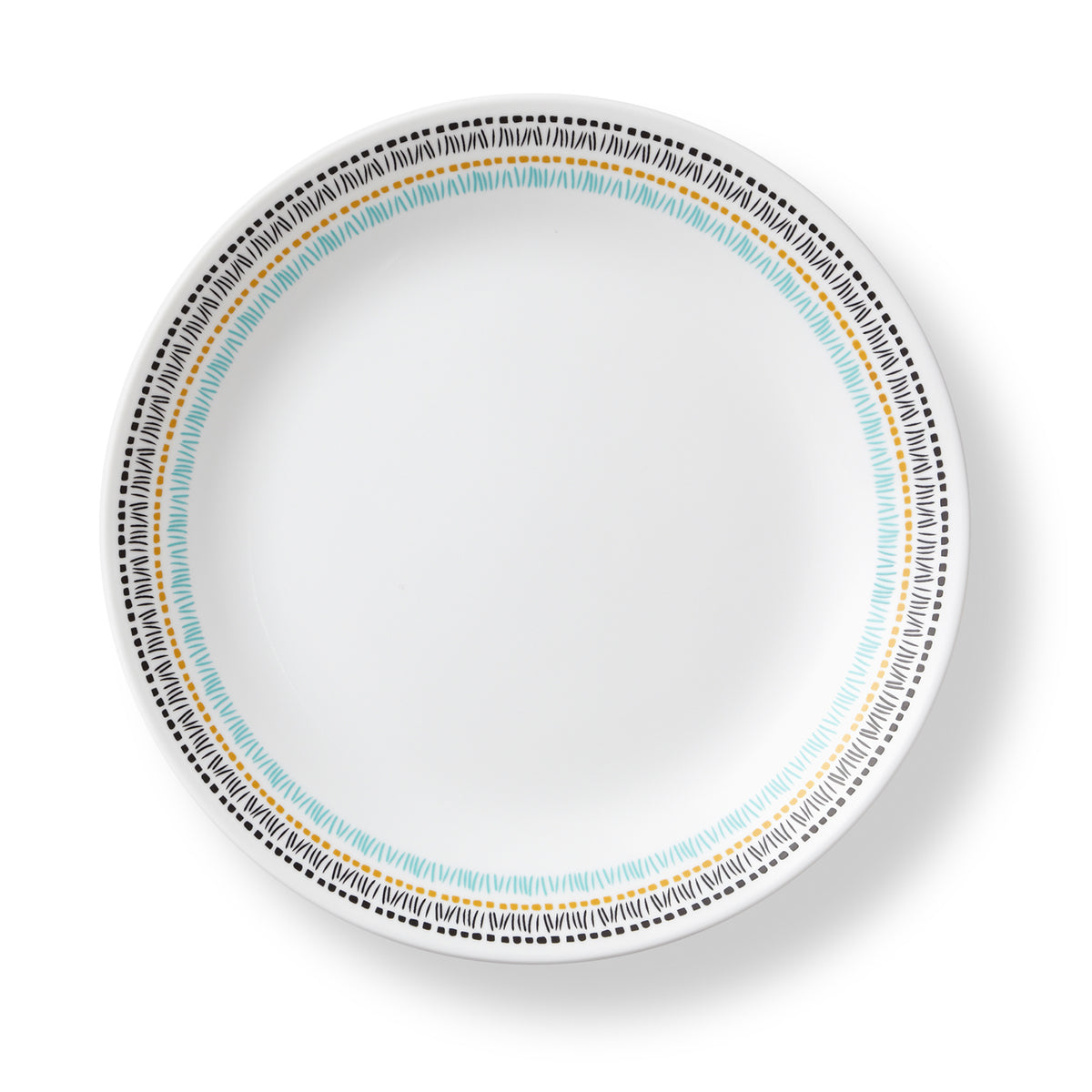 Corelle Paloma white dinnerware set with colorful graphic design, including plates and bowls, on a white background.