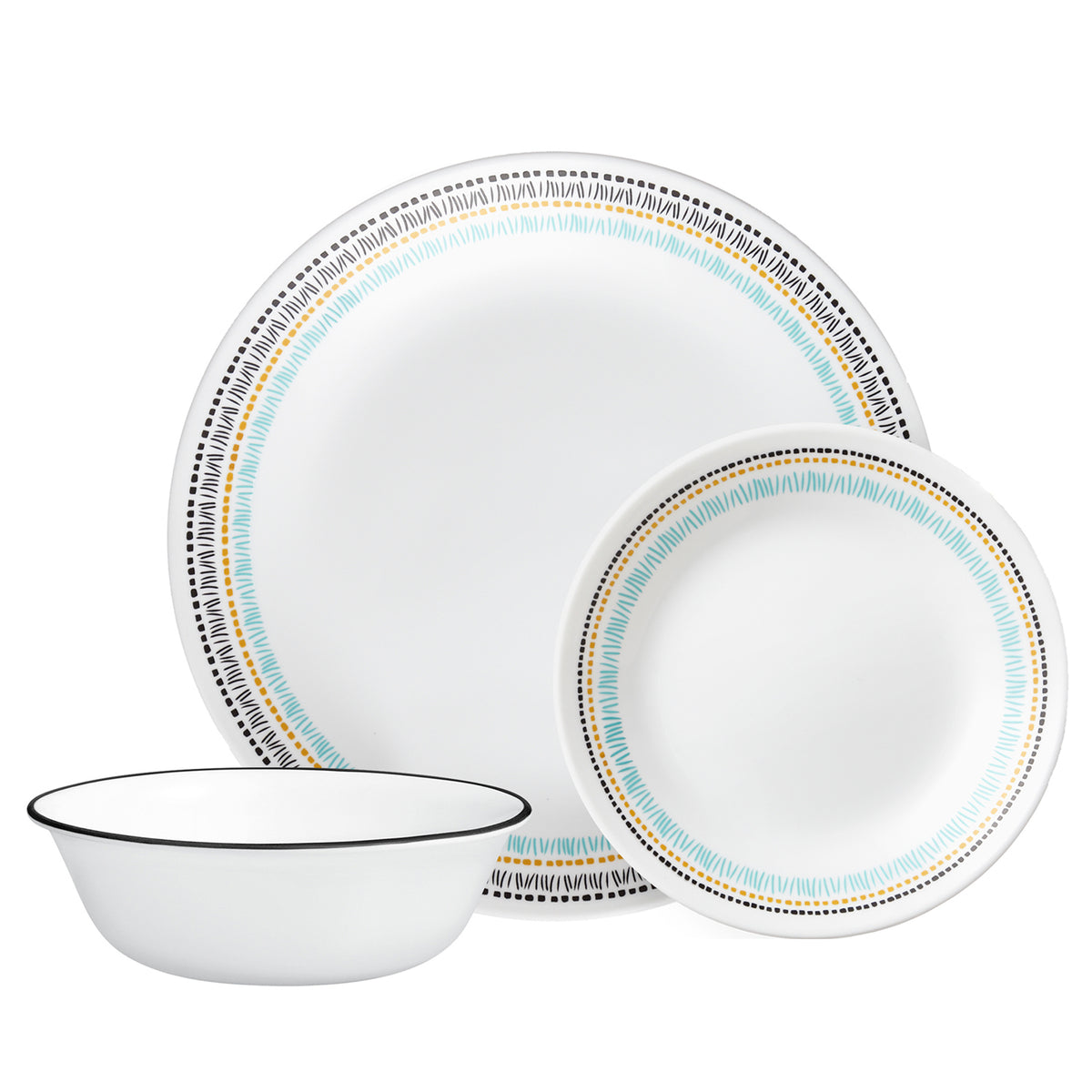 Corelle Paloma white dinnerware service set featuring plates, bowls, and cups arranged on a clean table.