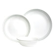 Corelle Mystic Gray dinnerware service featuring white plates and bowls with a modern gray pattern, perfect for everyday use.