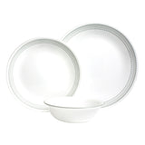 Corelle Mystic Gray dinnerware service featuring white plates and bowls with a modern gray pattern, perfect for everyday use.