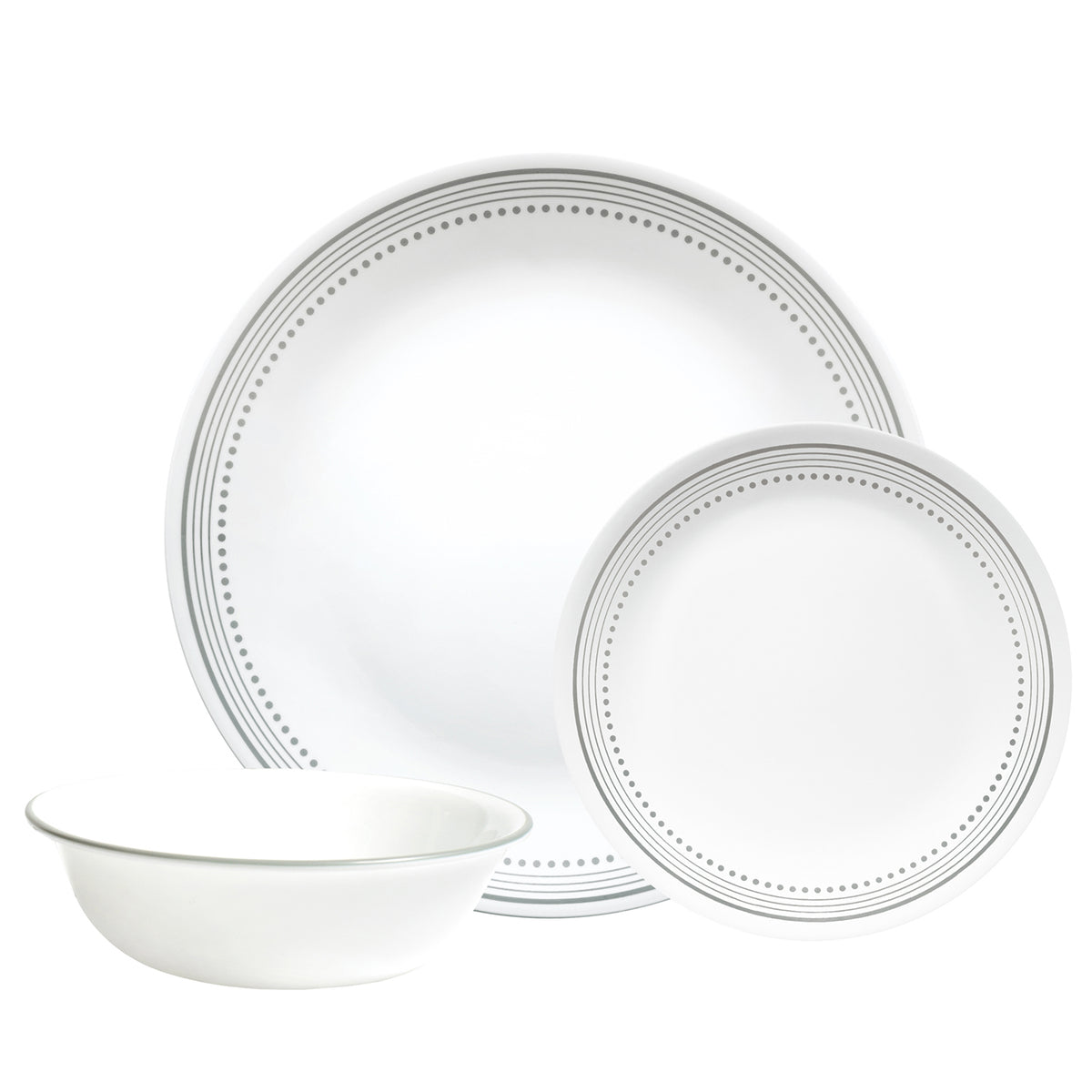 Corelle Mystic Gray dinnerware service set with white plates and bowls, elegant ceramic tableware for everyday use