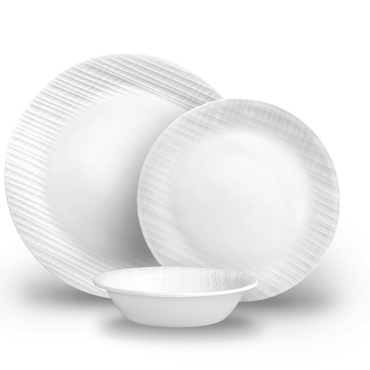 Corelle linen weave white dinnerware service with plates and bowls, elegant and durable for everyday dining.
