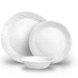 Corelle linen weave white dinnerware service with plates and bowls, elegant and durable for everyday dining.