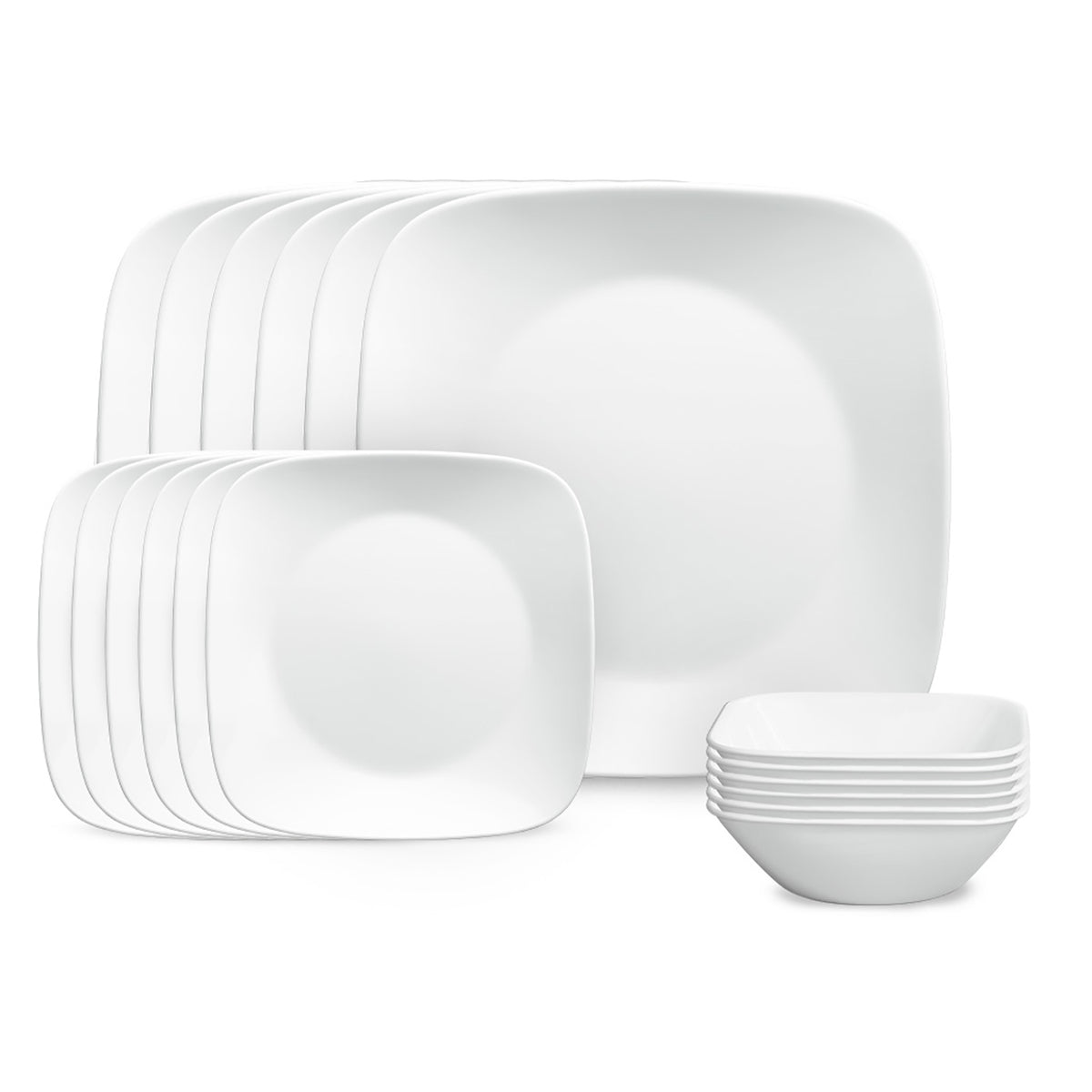 Corelle pure white dinner service with plates and bowls arranged on a table, showcasing sleek white ceramic tableware.