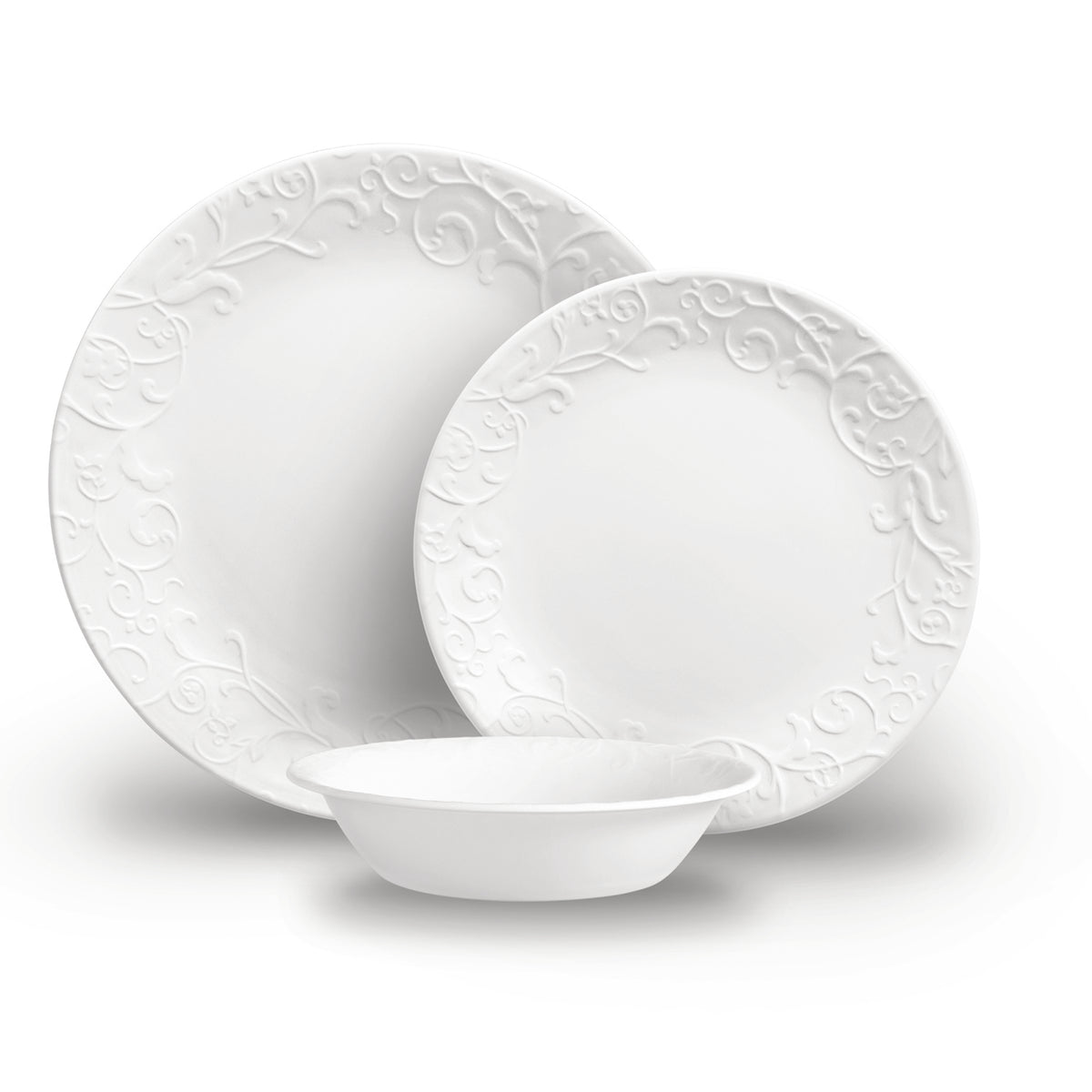 Corelle Bella Faenza white dinnerware service with plates and bowls, elegant tableware set for everyday use.