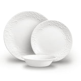 Corelle Bella Faenza white dinnerware service with plates and bowls, elegant tableware set for everyday use.