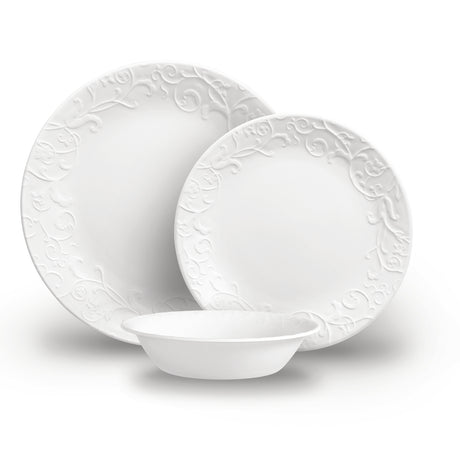 Corelle Bella Faenza white dinnerware service with plates and bowls, elegant tableware set for everyday use.