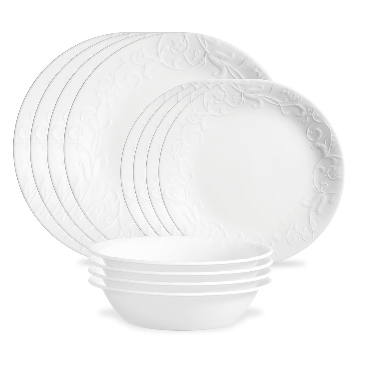 Corelle Bella Faenza white dinnerware service with plates and bowls arranged on a table, showcasing elegant ceramic tableware.