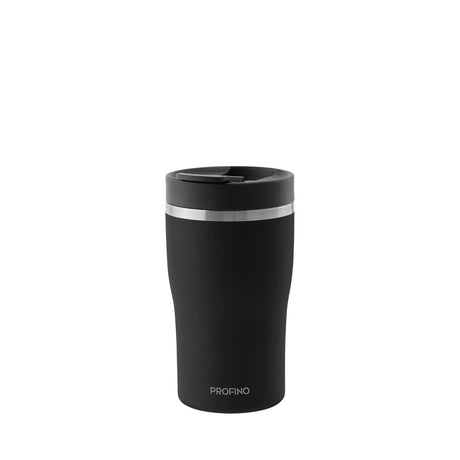 Black PROFINO Barista thermobecher with stainless steel exterior and lid, designed for hot beverage insulation.
