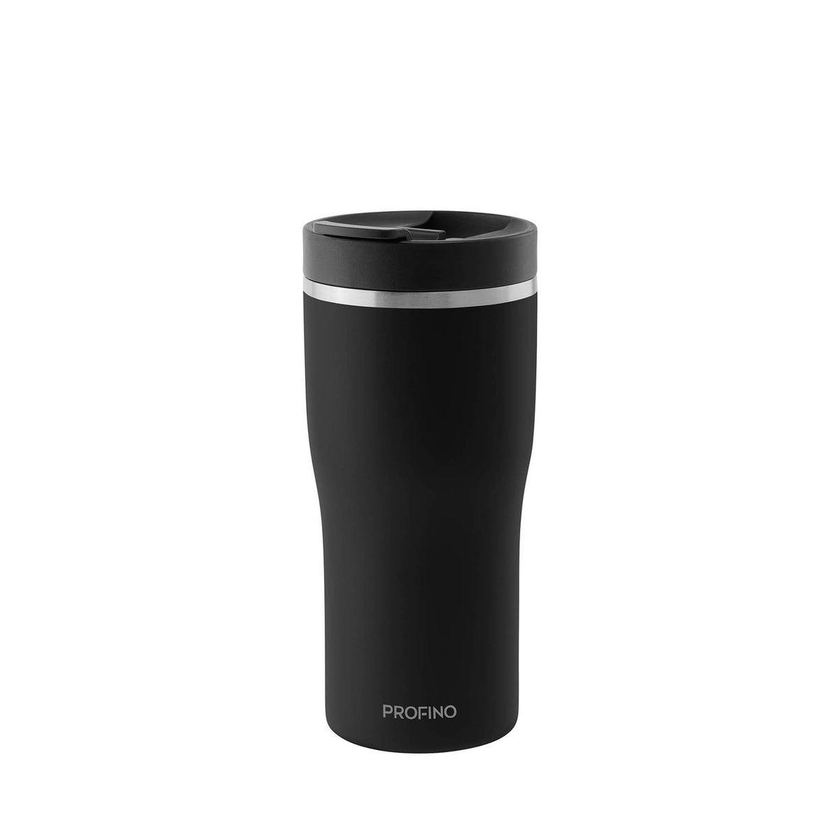 Black PROFINO BARISTA thermobecher with a sleek design, featuring a secure lid for hot beverages on the go.