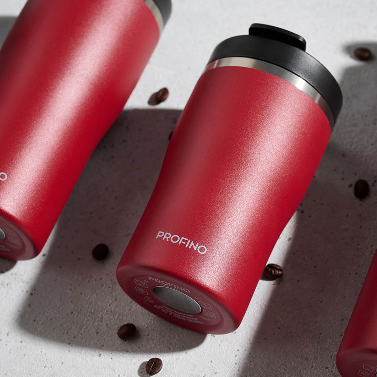 PROFINO Barista thermobecher in burgundy, stainless steel travel mug with lid and handle for hot beverages.