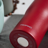PROFINO Barista thermobecher in burgundy, stainless steel travel mug with lid for hot beverages.