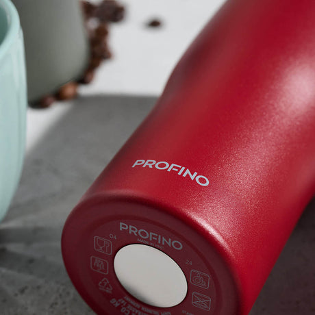 PROFINO Barista thermobecher in burgundy, stainless steel travel mug with lid for hot beverages.