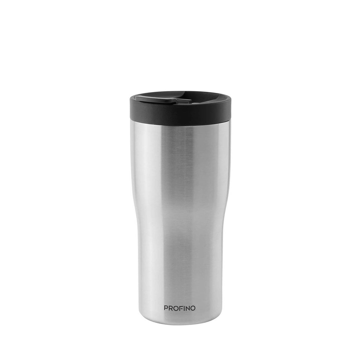 Stainless steel PROFINO BARISTA thermobecher with lid, designed for hot beverages, featuring a sleek, durable travel mug appearance.