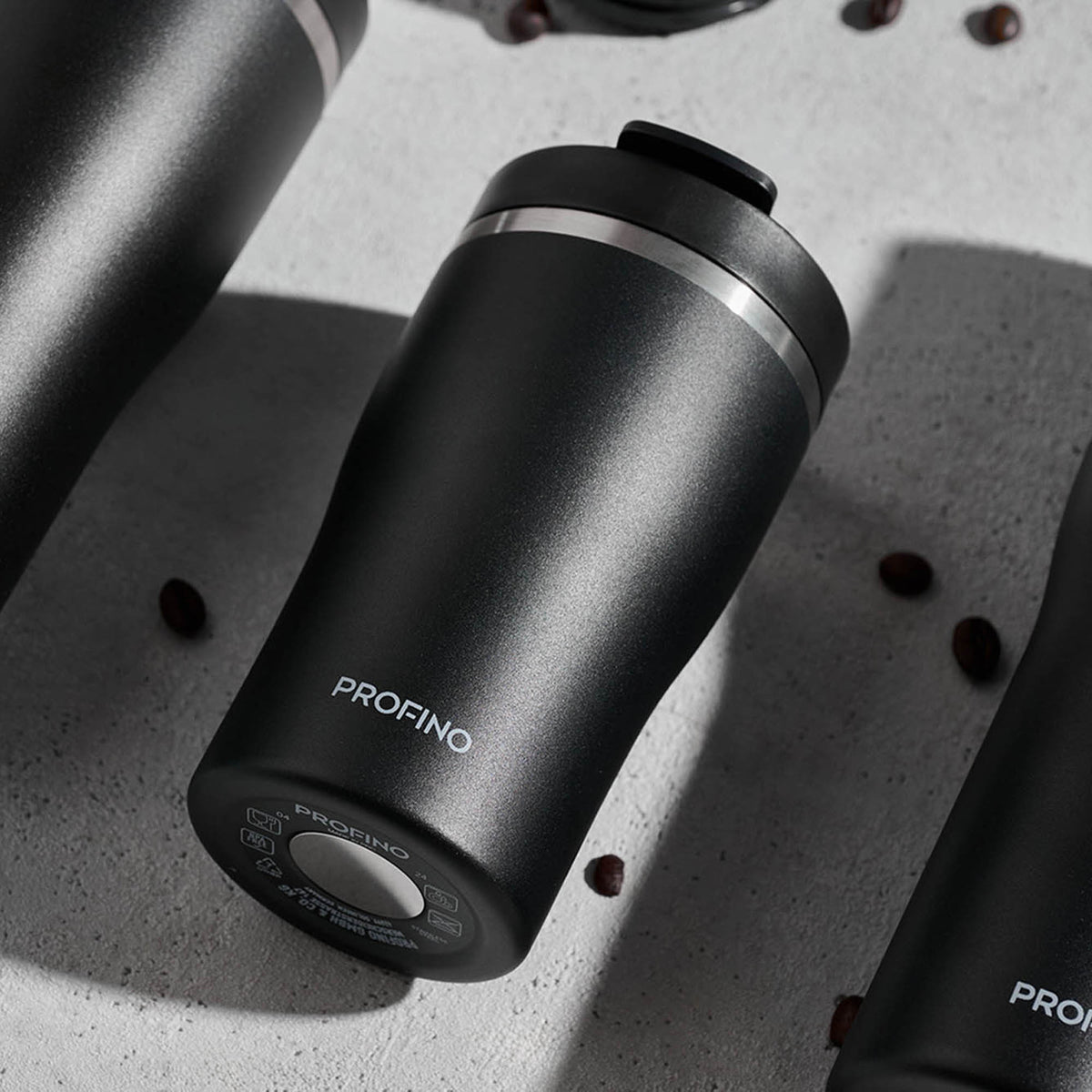 Black PROFINO Barista thermobecher with a sleek design, ideal for keeping beverages hot or cold on the go.