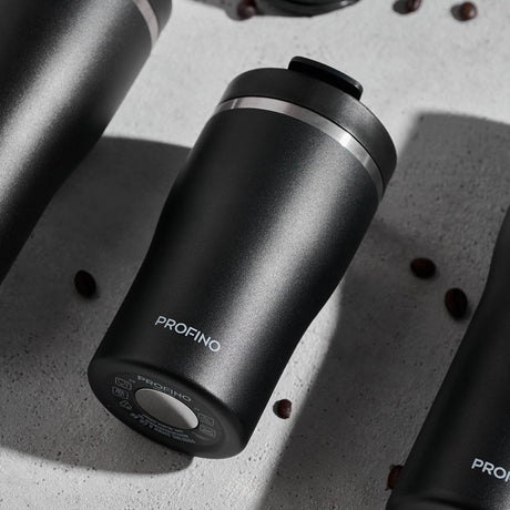 Black PROFINO Barista thermobecher with a sleek design, ideal for keeping beverages hot or cold on the go.