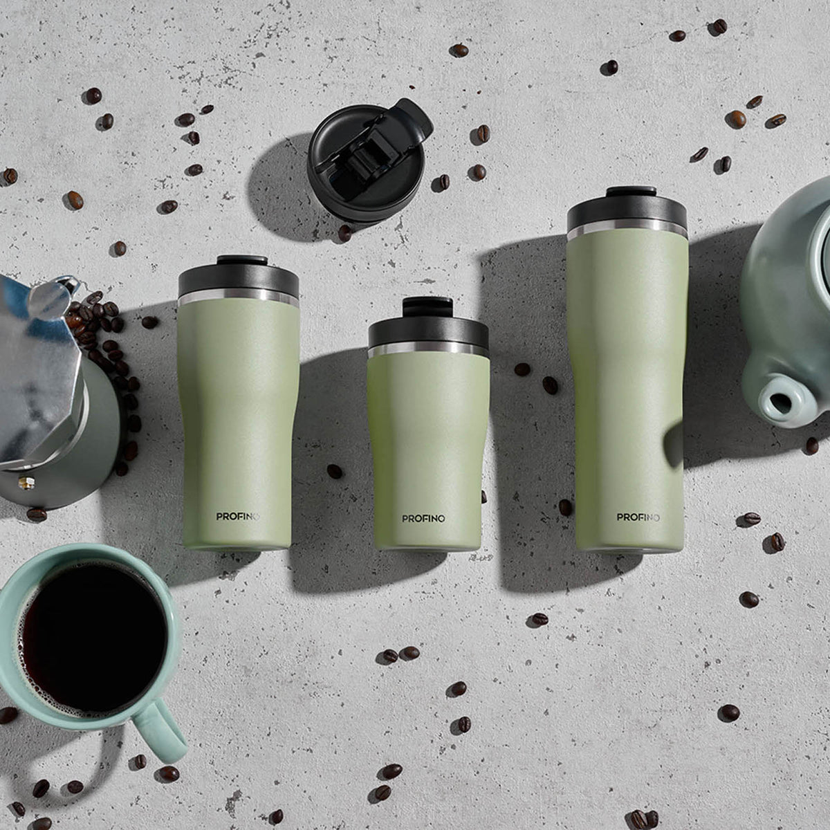 PROFINO Barista thermobecher in salbei green, insulated travel mug with lid for hot beverages, durable and stylish.