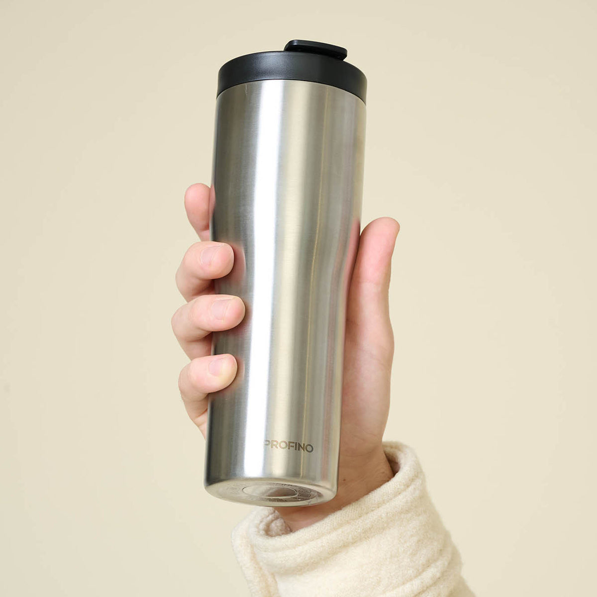 Stainless steel PROFINO BARISTA thermobecher with lid, designed for hot drinks, featuring a sleek, durable travel mug design.