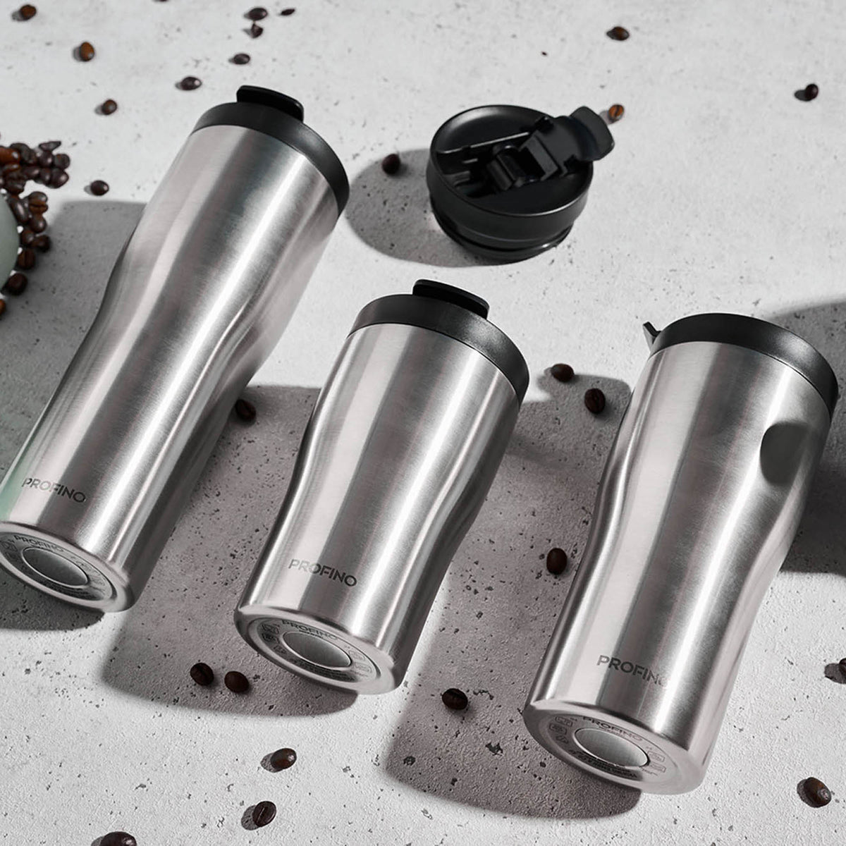Stainless steel PROFINO Barista thermos mug with a black lid, designed for hot beverages, with a sleek, insulated travel cup appearance.