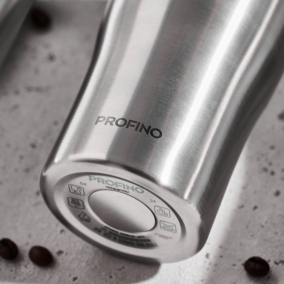 Stainless steel PROFINO BARISTA thermos mug with a black lid and ergonomic handle for hot beverages.