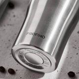 Stainless steel PROFINO BARISTA thermos mug with a black lid and ergonomic handle for hot beverages.