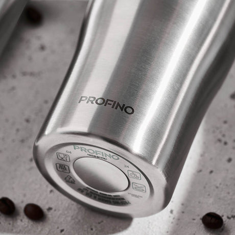 Stainless steel PROFINO BARISTA thermos mug with a black lid and ergonomic handle for hot beverages.
