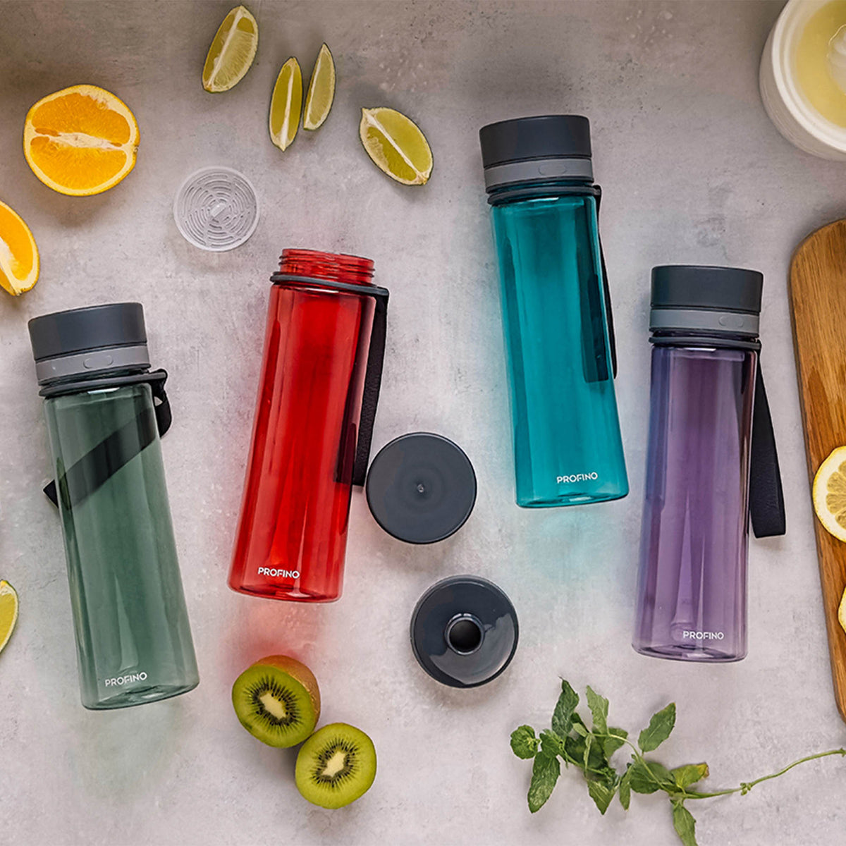 PROFINO INFUZE 600 ml Trinkflasche with colorful silicone sleeve and sports cap, ideal for hydration on the go.