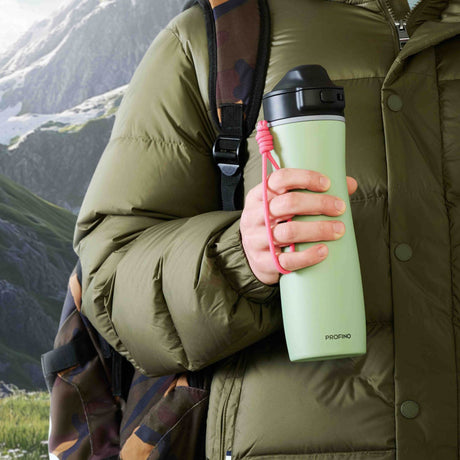 PROFINO ACTIVE 600 ml insulated bottle showing a sleek stainless steel design with a screw cap for hot and cold beverages.