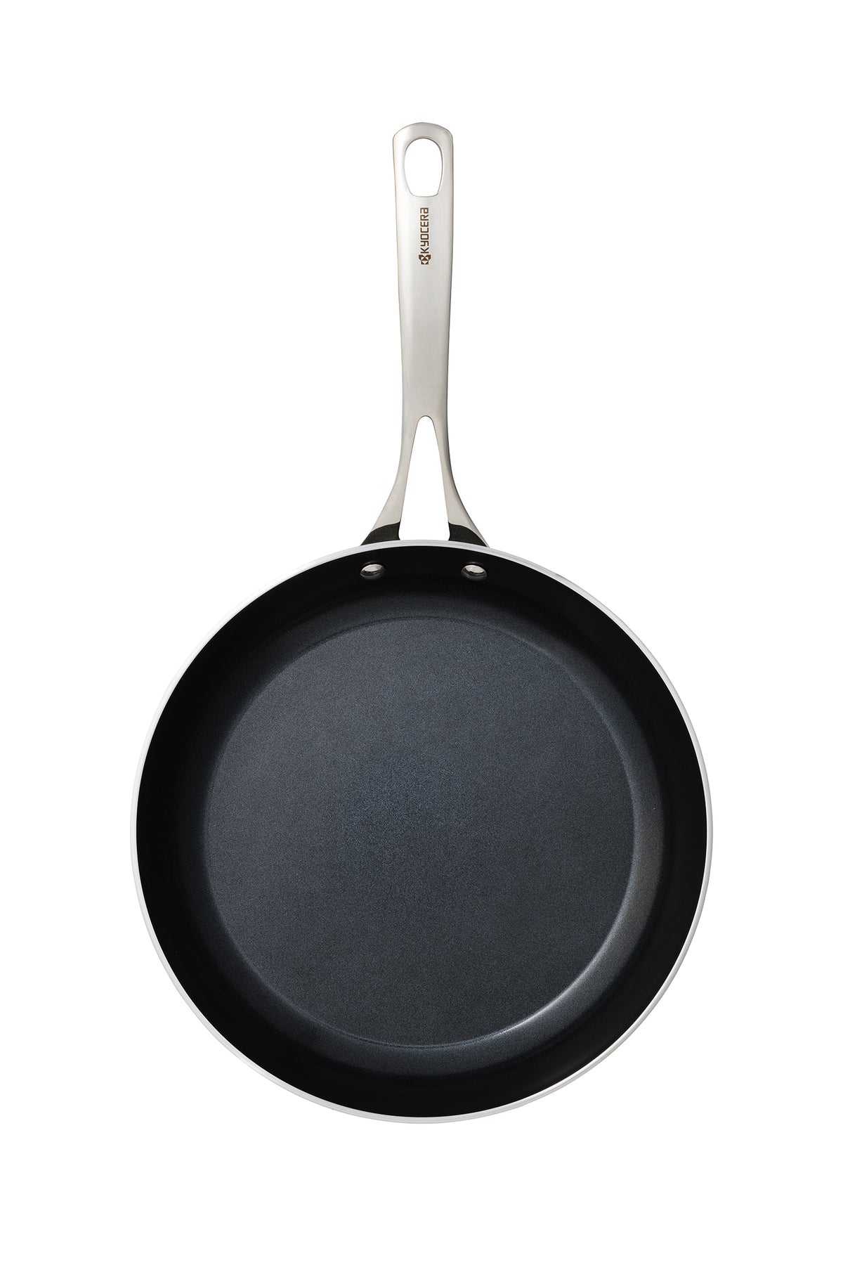 Kyocera ceramic frying pan in black with a smooth non-stick surface, ideal for versatile cooking.
