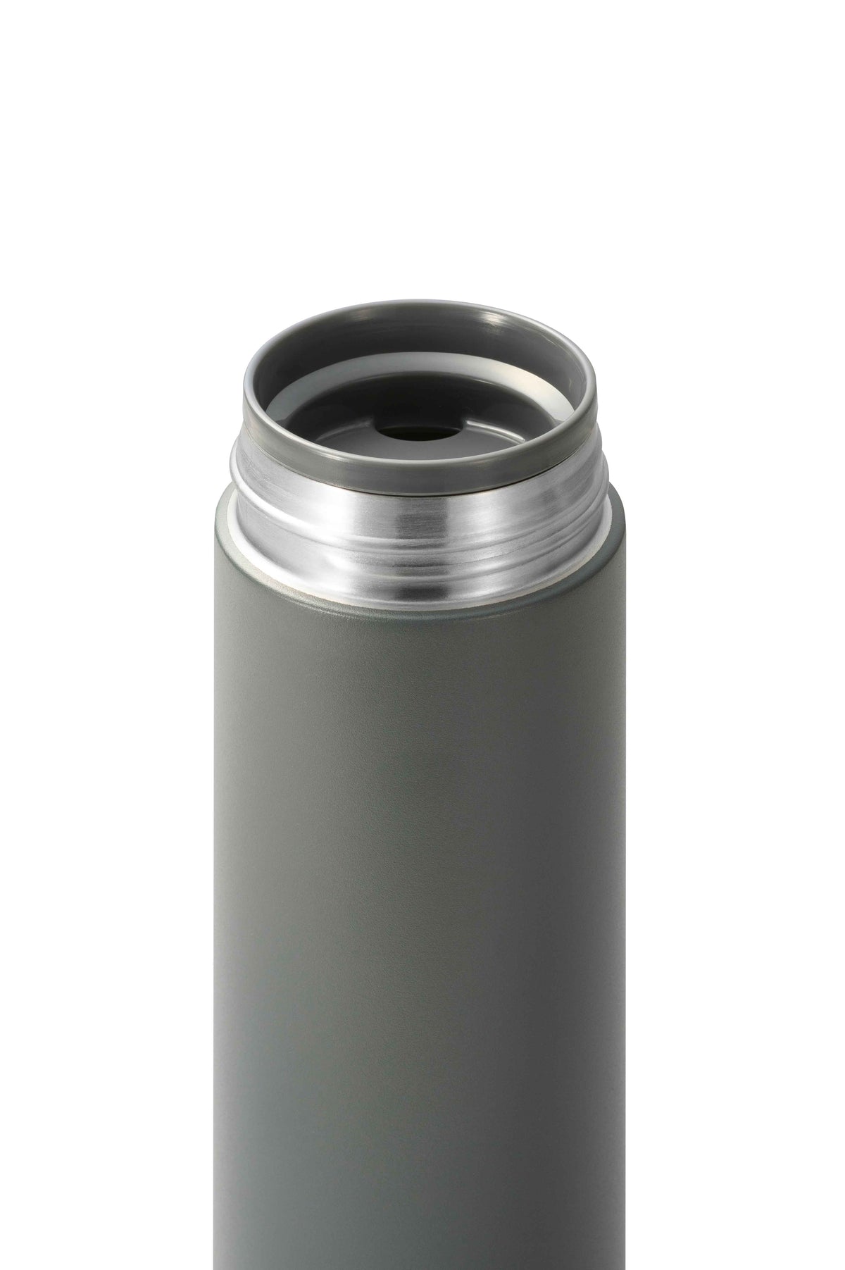 KYOCERA Slim Mug insulated bottle in gray with a sleek design and secure lid, ideal for hot or cold beverages.