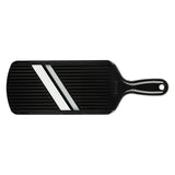 KYOCERA black julienne vegetable peeler hobel with stainless steel blade for preparing garnishes and salads.