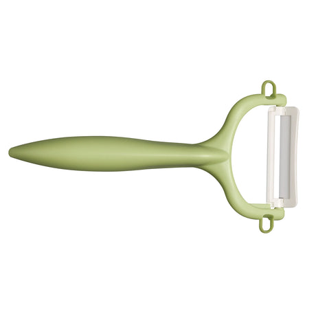 KYOCERA double-sided green vegetable peeler with sharp dual blades for efficient peeling and easy handling.