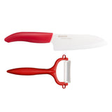 KYOCERA ceramic vegetable knife set with peeler, featuring sleek handles and sharp blades for precise kitchen prep.