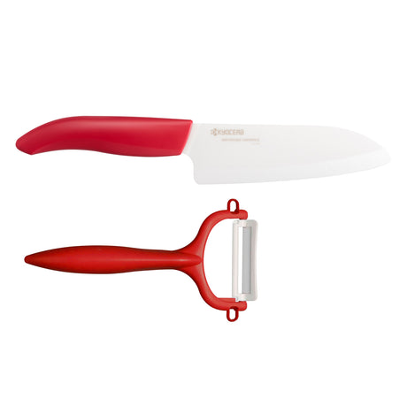 KYOCERA ceramic vegetable knife set with peeler, featuring sleek handles and sharp blades for precise kitchen prep.