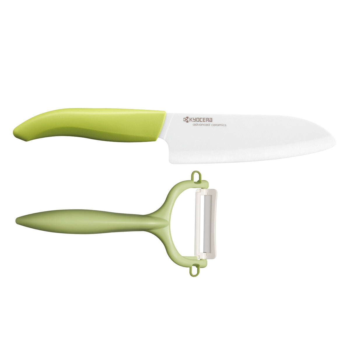 KYOCERA ceramic knife set with vegetable peeler, includes sharp ceramic knives and peeler for precise kitchen prep.