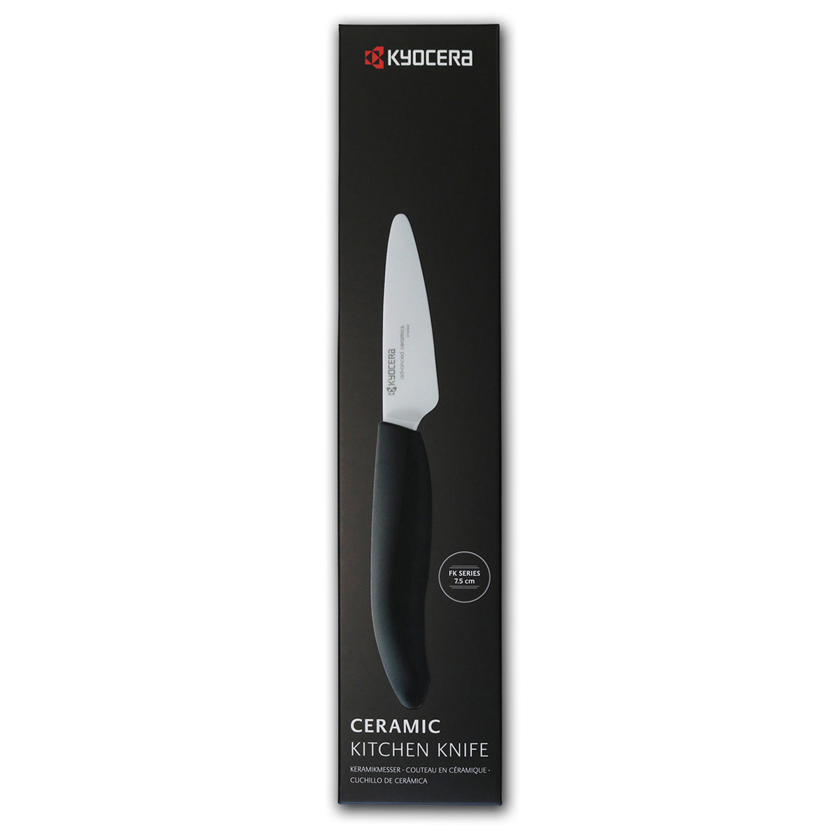 KYOCERA black ceramic knife with a sleek handle, ideal for precise slicing and cutting in the kitchen.