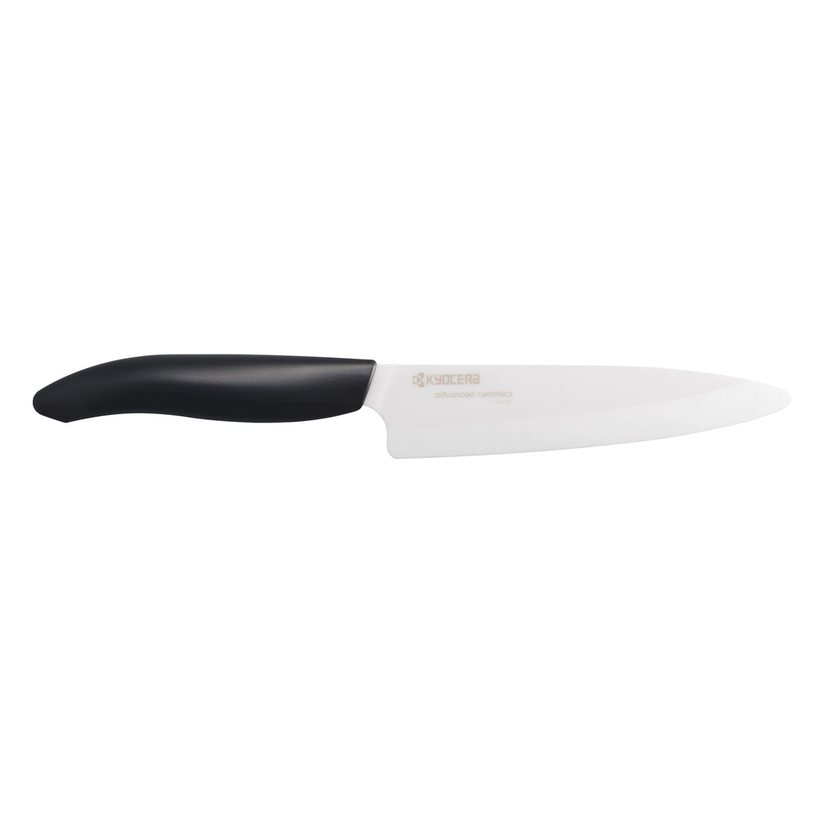 KYOCERA ceramic knife with black handle, sharp blade, ideal for precise cutting and kitchen use.