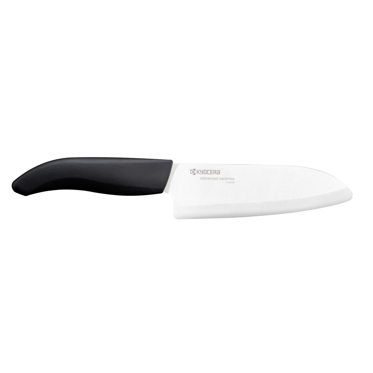 KYOCERA ceramic knife with black handle, sharp kitchen cutting tool for precise slicing and food preparation.