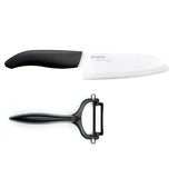 KYOCERA ceramic knife set with vegetable peeler, featuring sleek handles and sharp blades for precise kitchen prep.