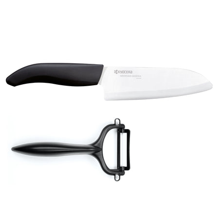 KYOCERA ceramic knife set with vegetable peeler, featuring sleek handles and sharp blades for precise kitchen prep.