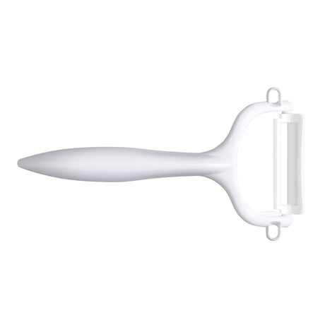 KYOCERA double-sided vegetable peeler with green handle, featuring sharp dual blades for efficient peeling and peeling tasks.