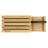 KYOCERA 3-in-1 bamboo knife block holding three kitchen knives with sleek design and natural bamboo finish.