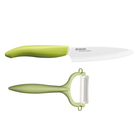 KYOCERA ceramic knife starter set with two knives, featuring sleek handles and sharp blades for precision cutting.